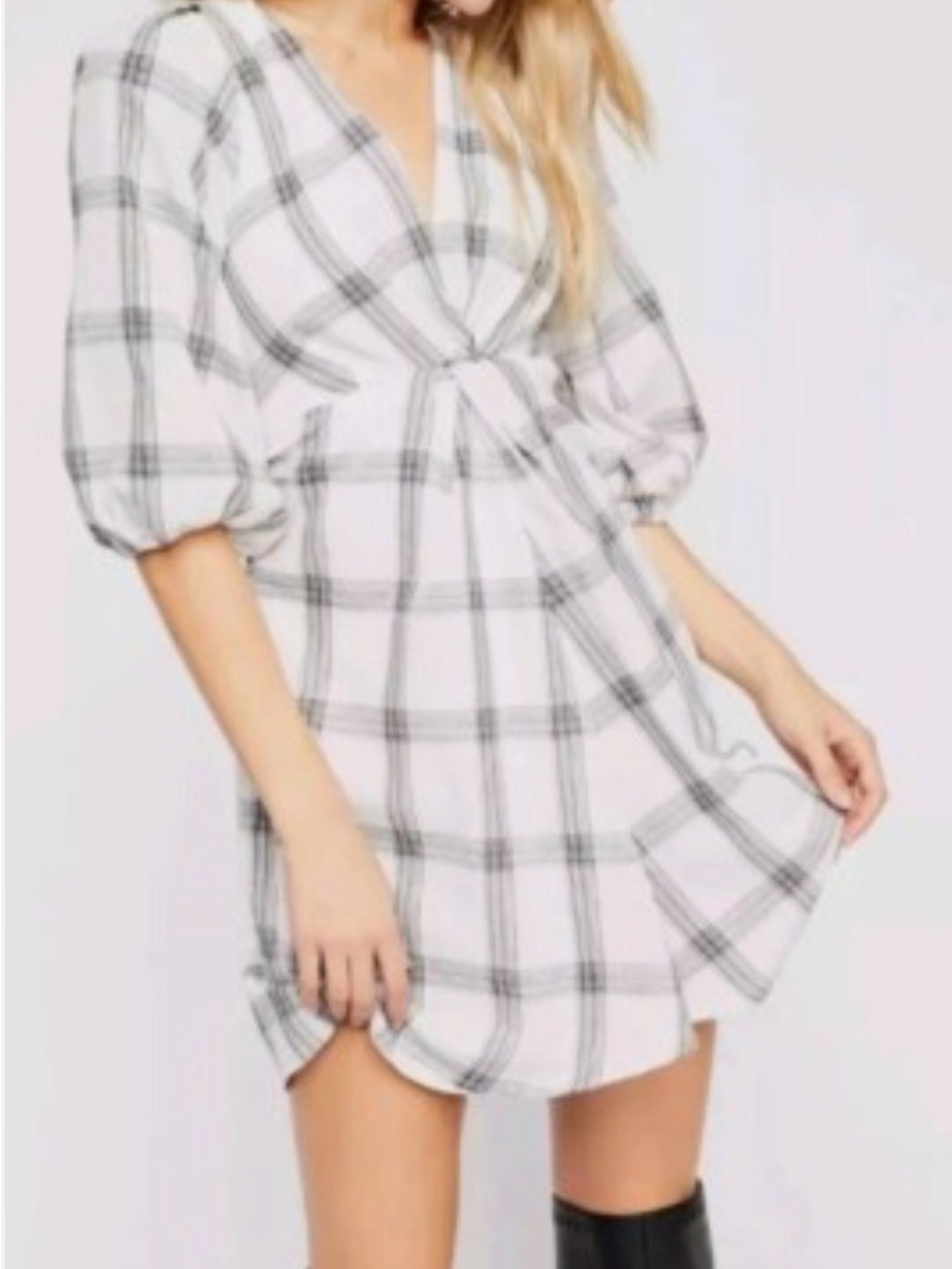 Free People White and Black Plaid Twist-Front Mini Dress